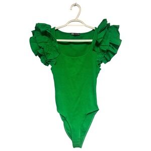 Zara Green Ribbed Ruffle Sleeve Bodysuit Scoop Neck Snap Closure Small Chic